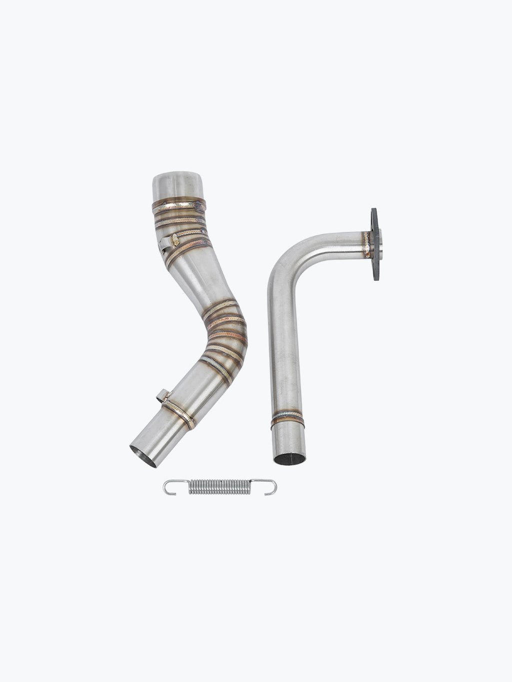Stainless steel motorcycle exhaust bend pipes with connecting spring on white background