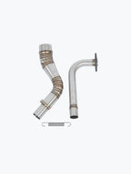 Stainless steel motorcycle exhaust bend pipes with connecting spring on white background