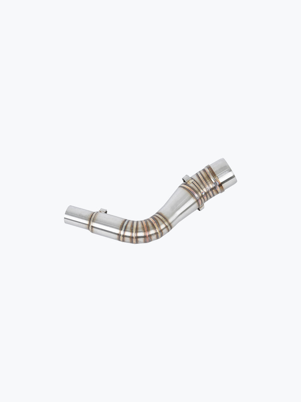 Stainless steel motorcycle exhaust bend pipe with weld details on white background