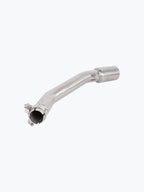 Stainless steel motorcycle exhaust bend pipe with clamp on a light background