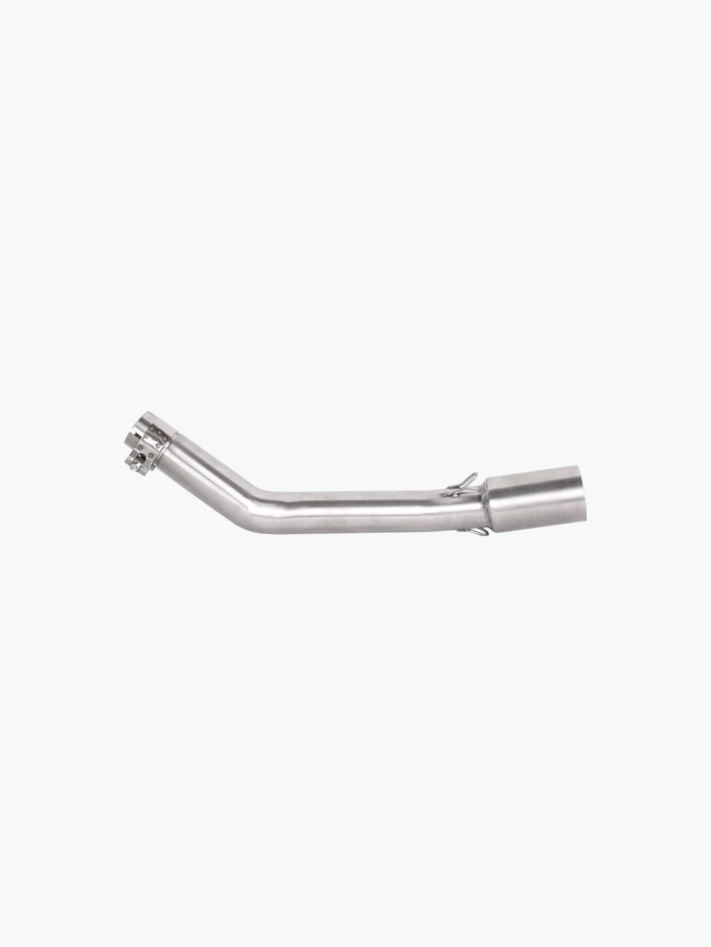 Stainless steel motorcycle exhaust bend pipe on white background
