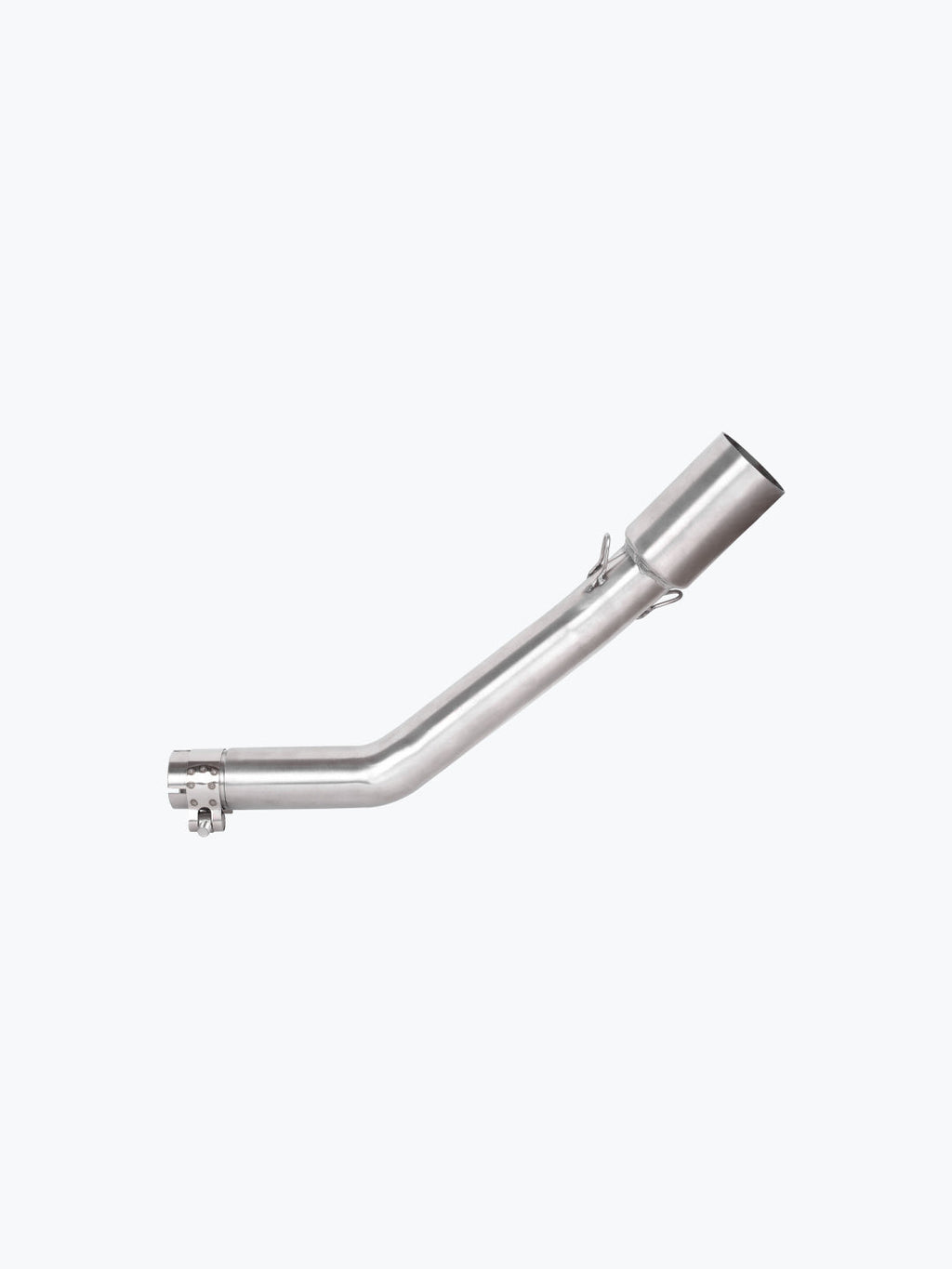 Stainless steel motorcycle exhaust bend pipe on a plain white background