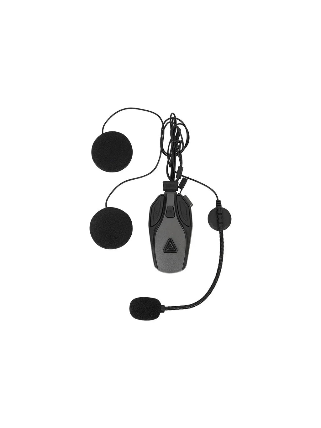 Bluetooth motorcycle helmet headset with two speakers and a boom mic, black and grey.