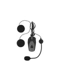 Bluetooth motorcycle helmet headset with two speakers and a boom mic, black and grey.