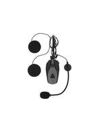 Bluetooth motorcycle helmet headset with two speakers and a boom mic, black and grey.