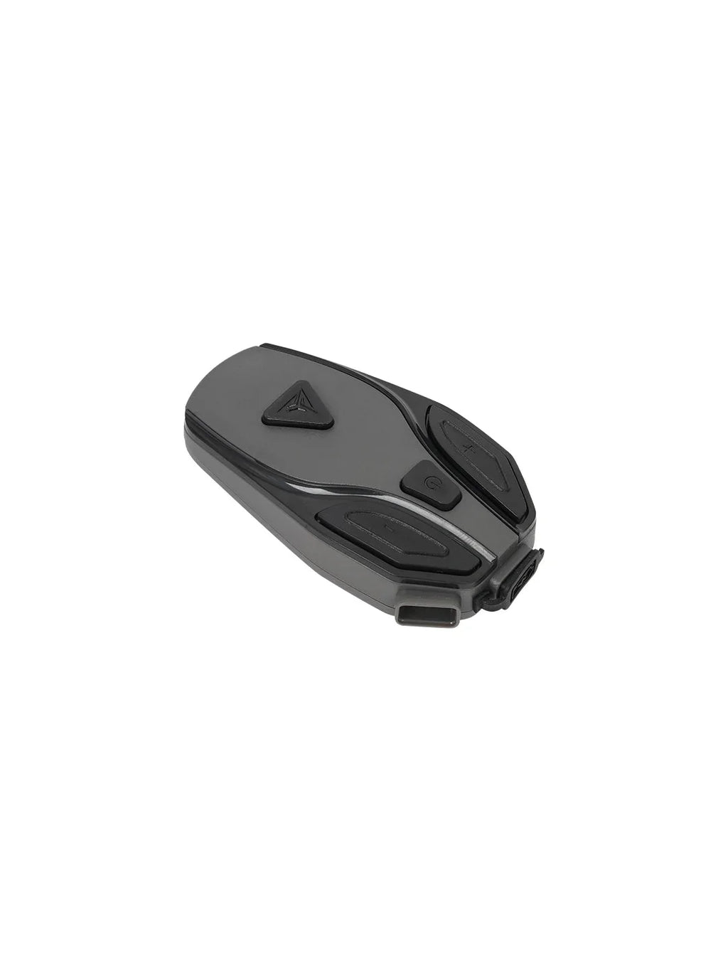 Grey motorcycle Bluetooth headset with control buttons on white background