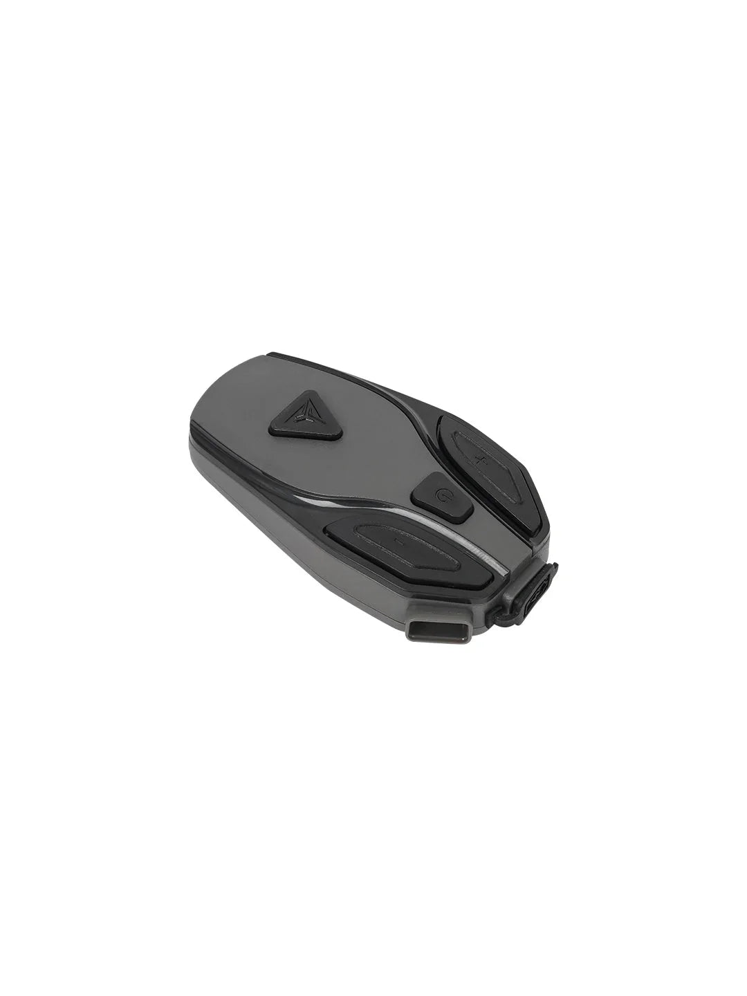 Grey motorcycle Bluetooth headset with control buttons on white background