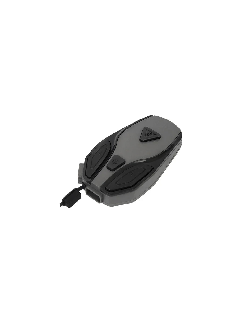 Grey motorcycle Bluetooth headset with buttons and charging cable on white background