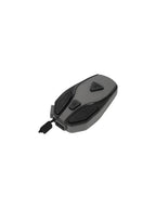 Grey motorcycle Bluetooth headset with buttons and charging cable on white background