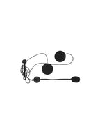 Motorcycle Bluetooth headset with black speakers, wired mic, and control unit on white background