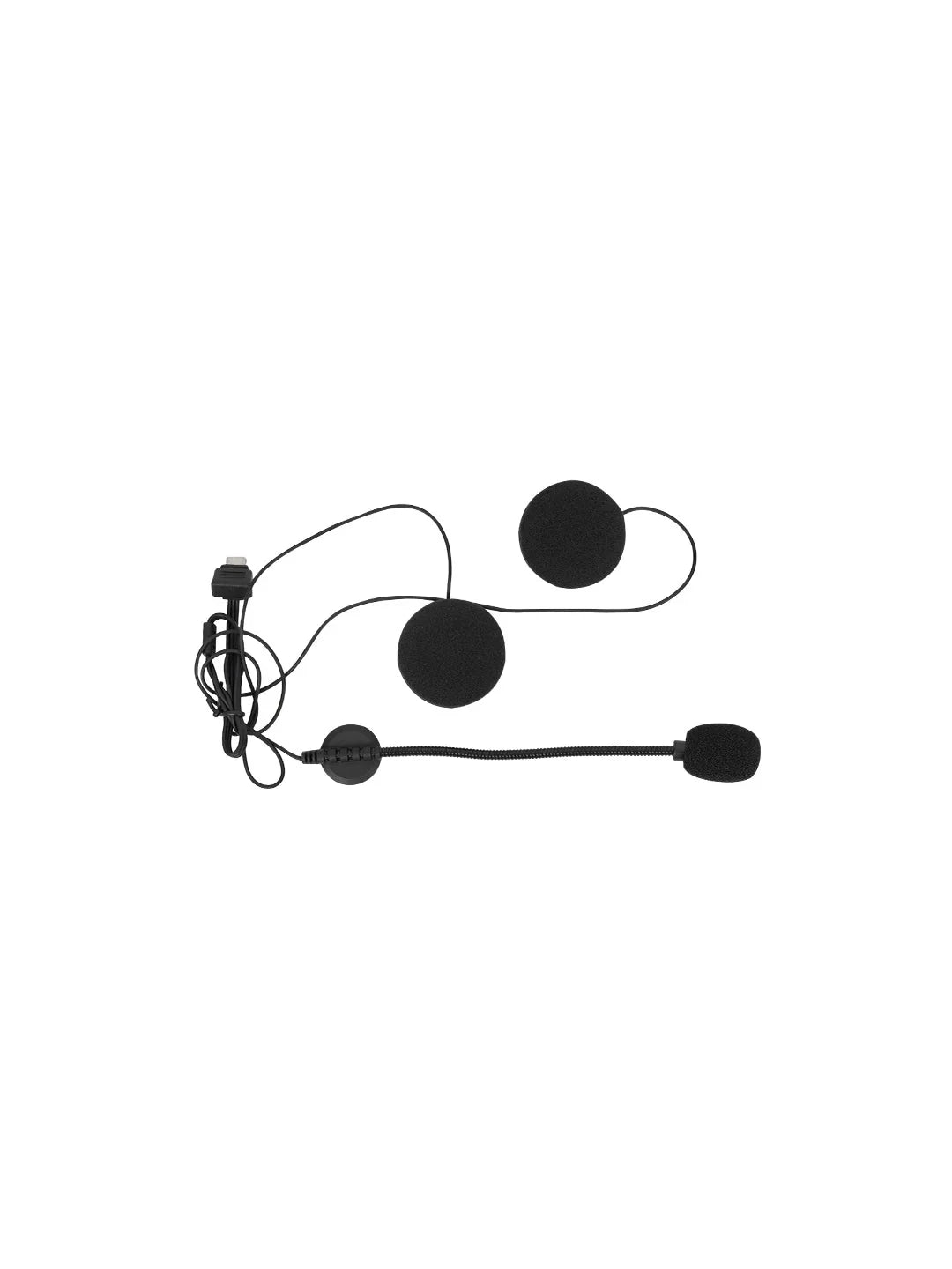 Motorcycle Bluetooth headset with black speakers, wired mic, and control unit on white background