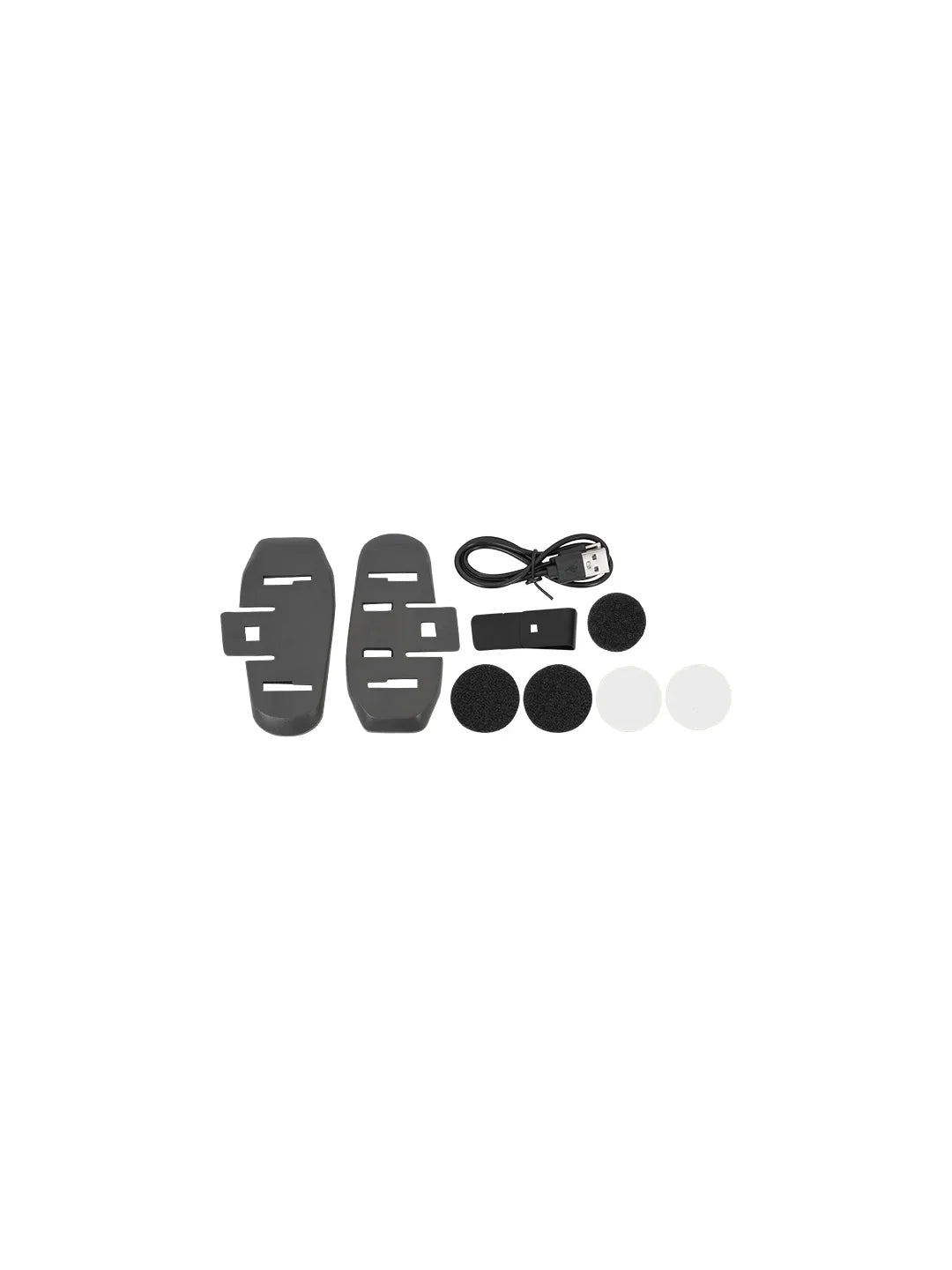 Motorcycle Bluetooth headset accessory kit with mounting brackets, foam pads, and USB cable