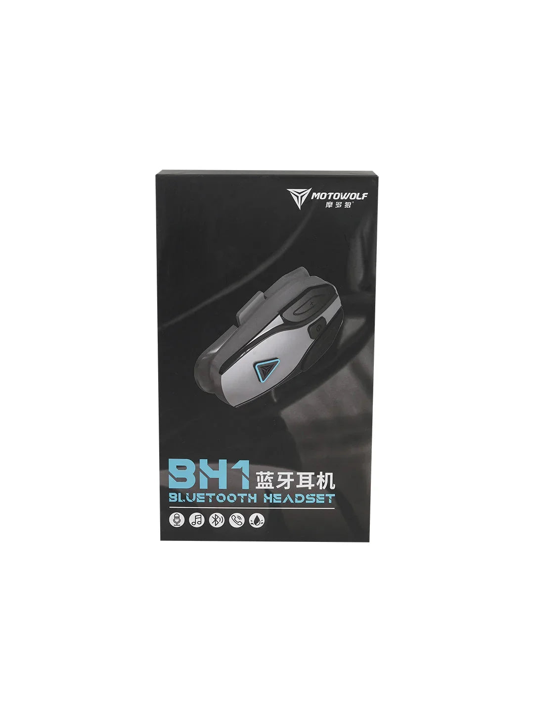 Motowolf BH1 Bluetooth headset black and grey packaging front with product image and icons