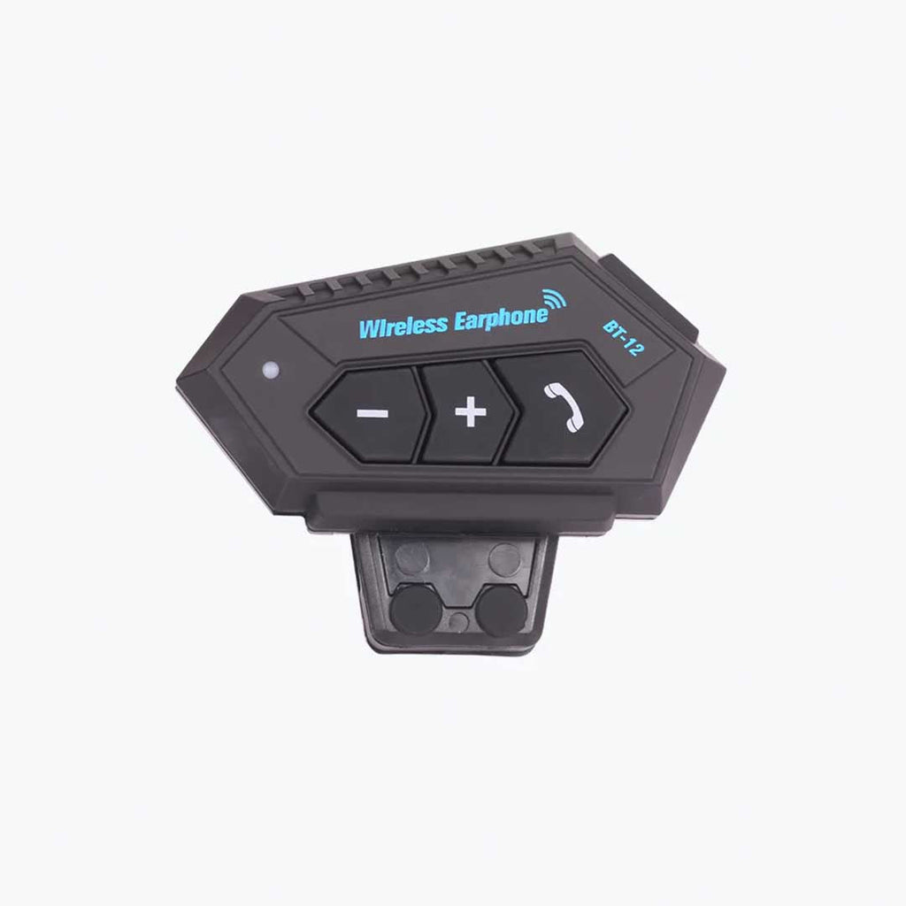 Black BT12 wireless earphone controller with call, volume buttons, isolated on white