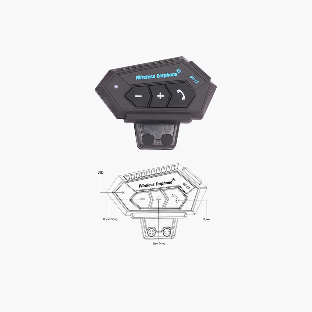 Black wireless earphone controller with buttons and diagram on white background