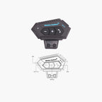 Black wireless earphone controller with buttons and diagram on white background