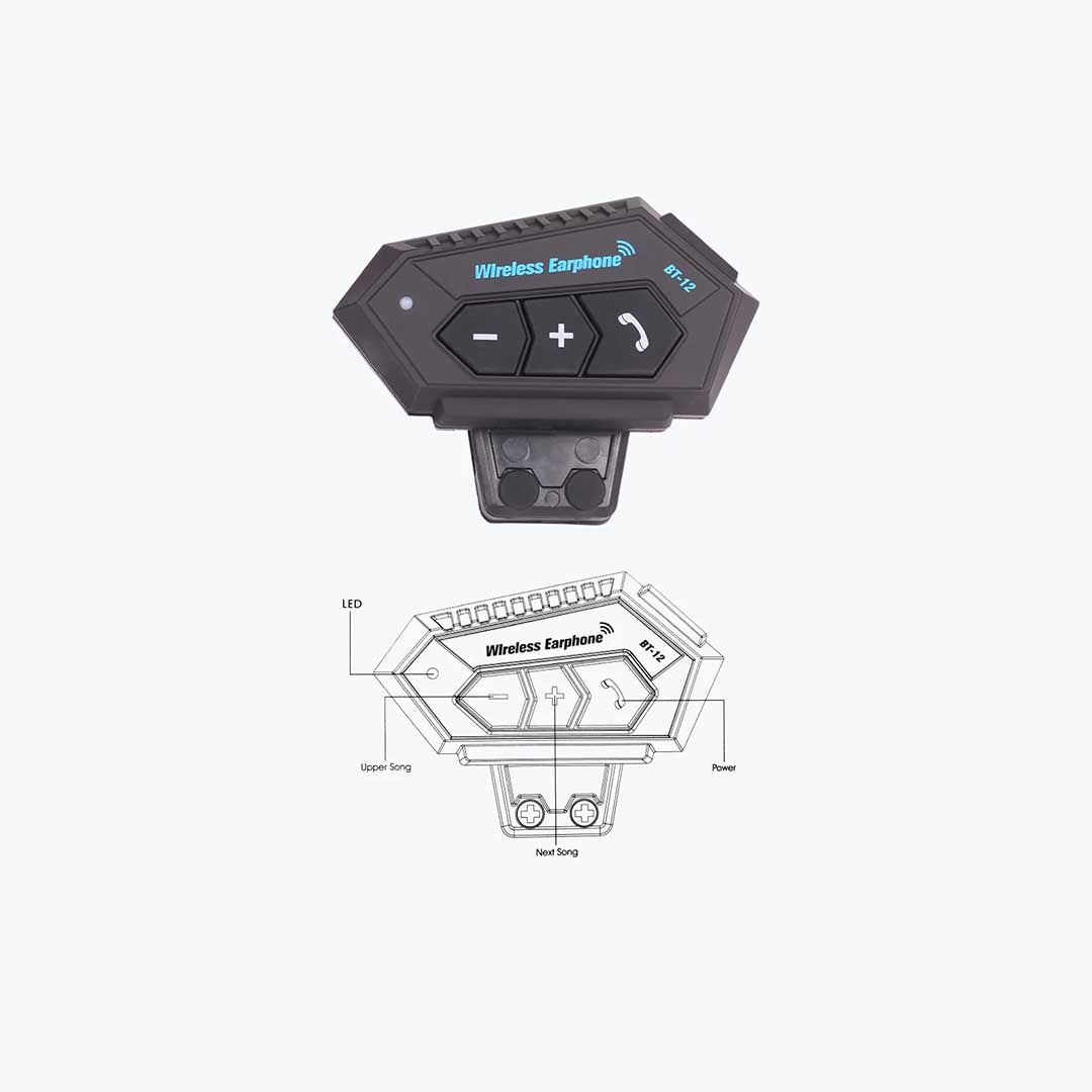 Black wireless earphone controller with buttons and diagram on white background