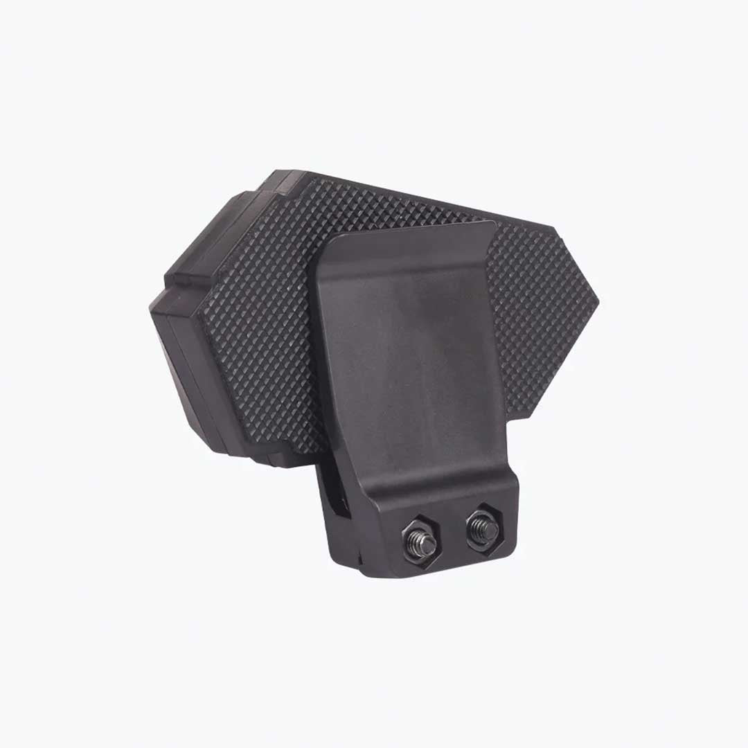 Black motorcycle accessory mount with textured surface on white background