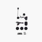 Motorcycle helmet Bluetooth intercom headset kit with microphone, speakers, USB cable, and mounting accessories on white background.