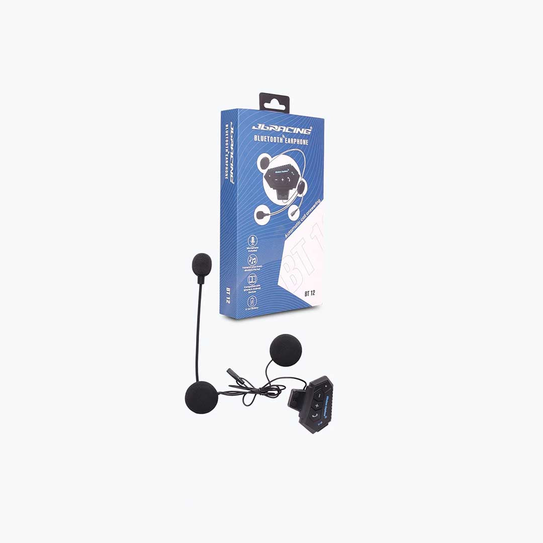 Motorcycle Bluetooth headset with microphone and control unit, packaging visible