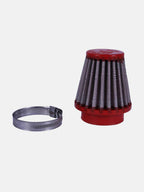 Universal small cone air filter with metal clamp for motorcycle, red and silver design