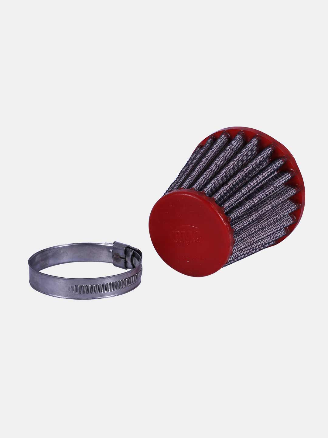 Universal small cone air filter with red cap and clamp for motorcycle or scooter