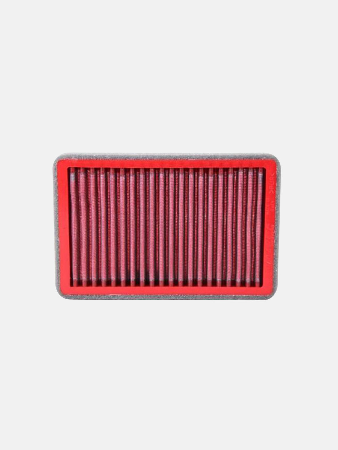 Rectangular red motorcycle air filter with pleated design on white background