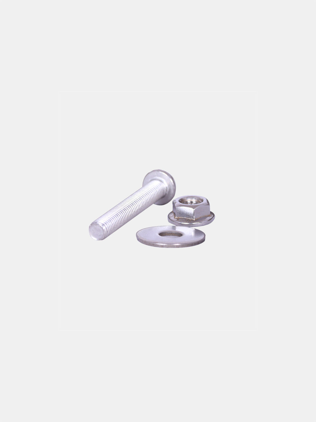 Stainless steel bolt, washer, and nut set on white background, motorcycle hardware