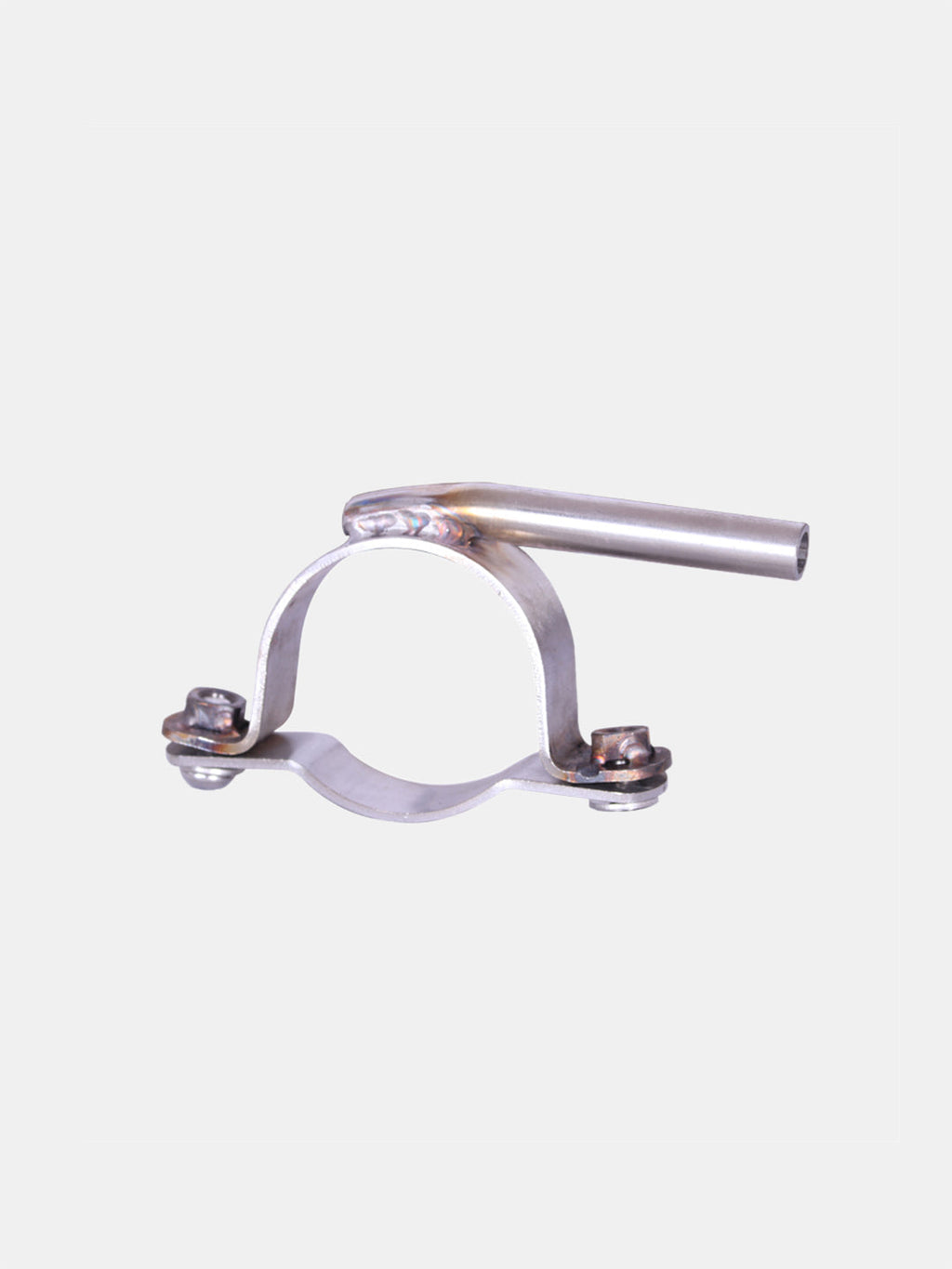 Stainless steel motorcycle exhaust clamp with welded tube on a white background