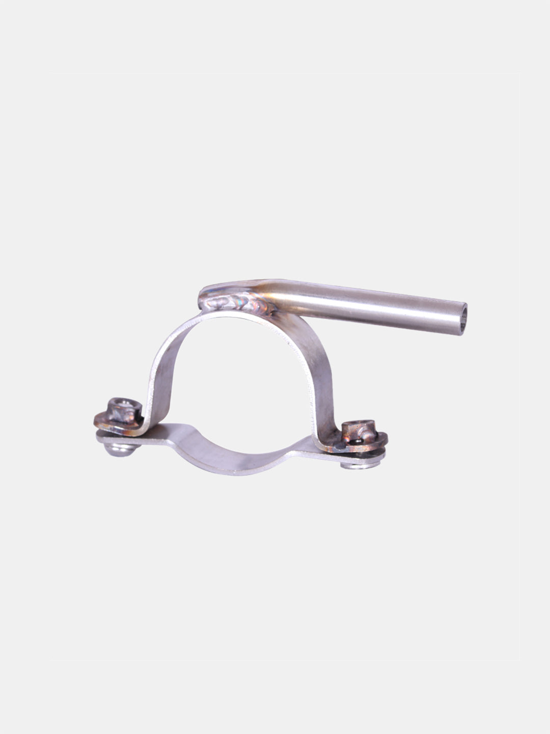 Stainless steel motorcycle exhaust clamp with welded tube on a white background