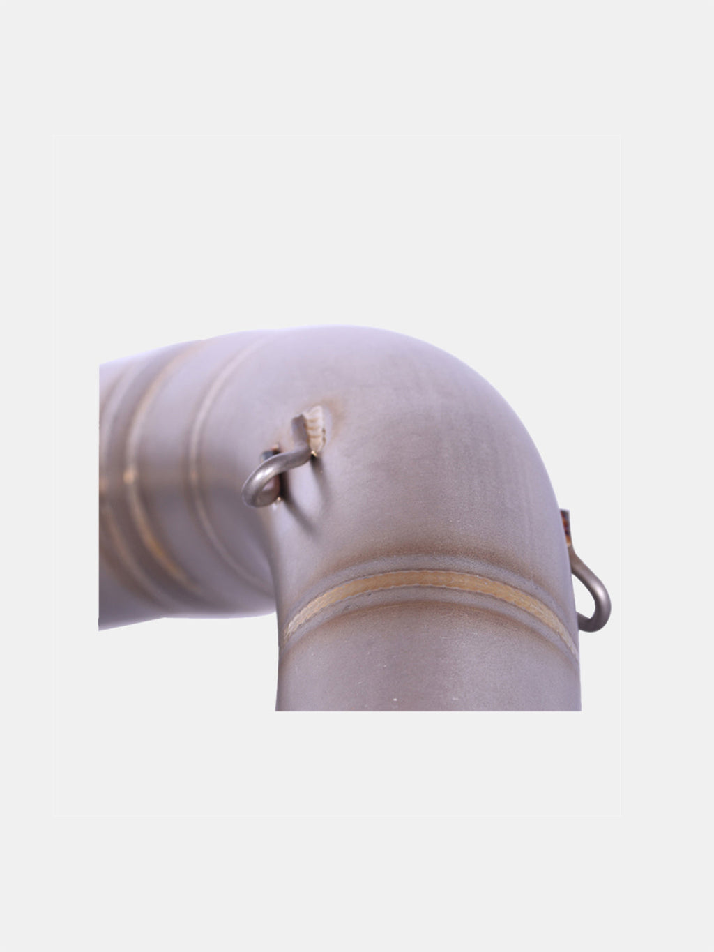 Curved stainless steel motorcycle exhaust bend pipe with visible welds and hooks