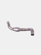 Stainless steel motorcycle exhaust bend pipe with welds on white background
