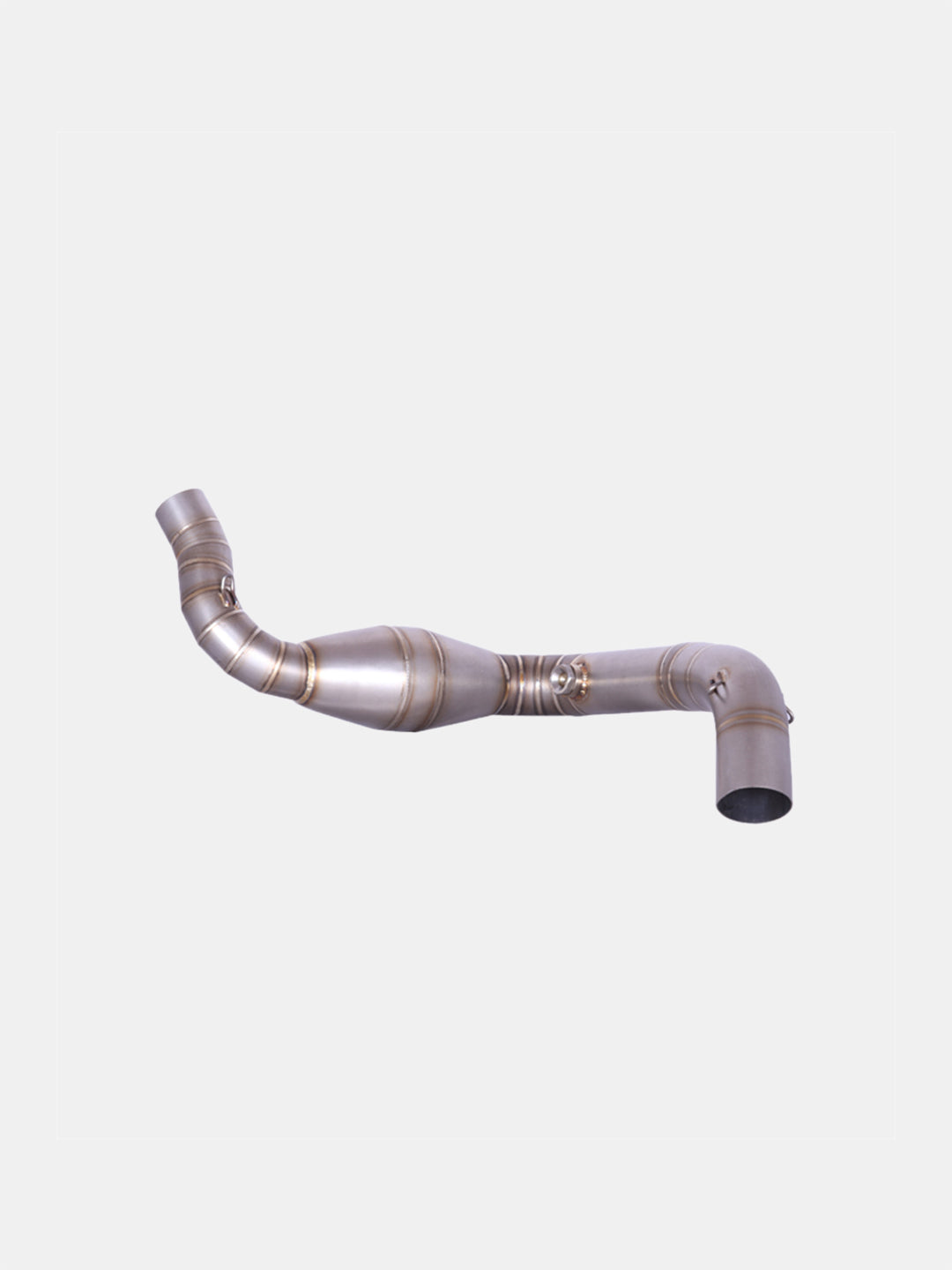 Stainless steel motorcycle exhaust bend pipe with welds on white background