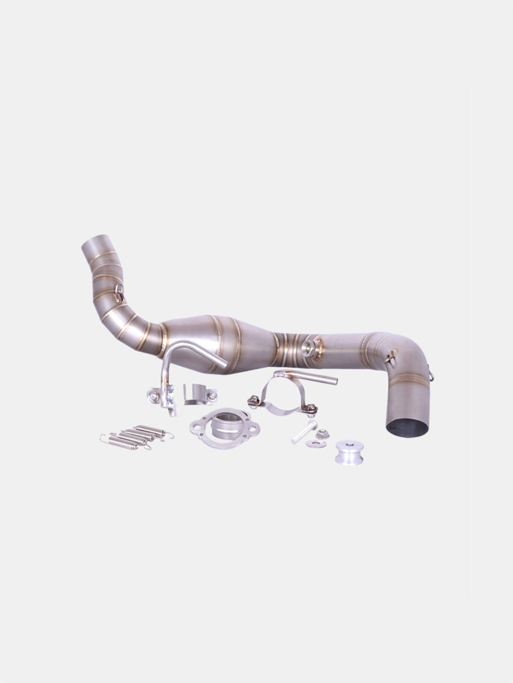 Motorcycle exhaust bend pipe with clamps and fitting accessories on white background