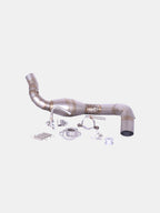 Motorcycle exhaust bend pipe with clamps and fitting accessories on white background