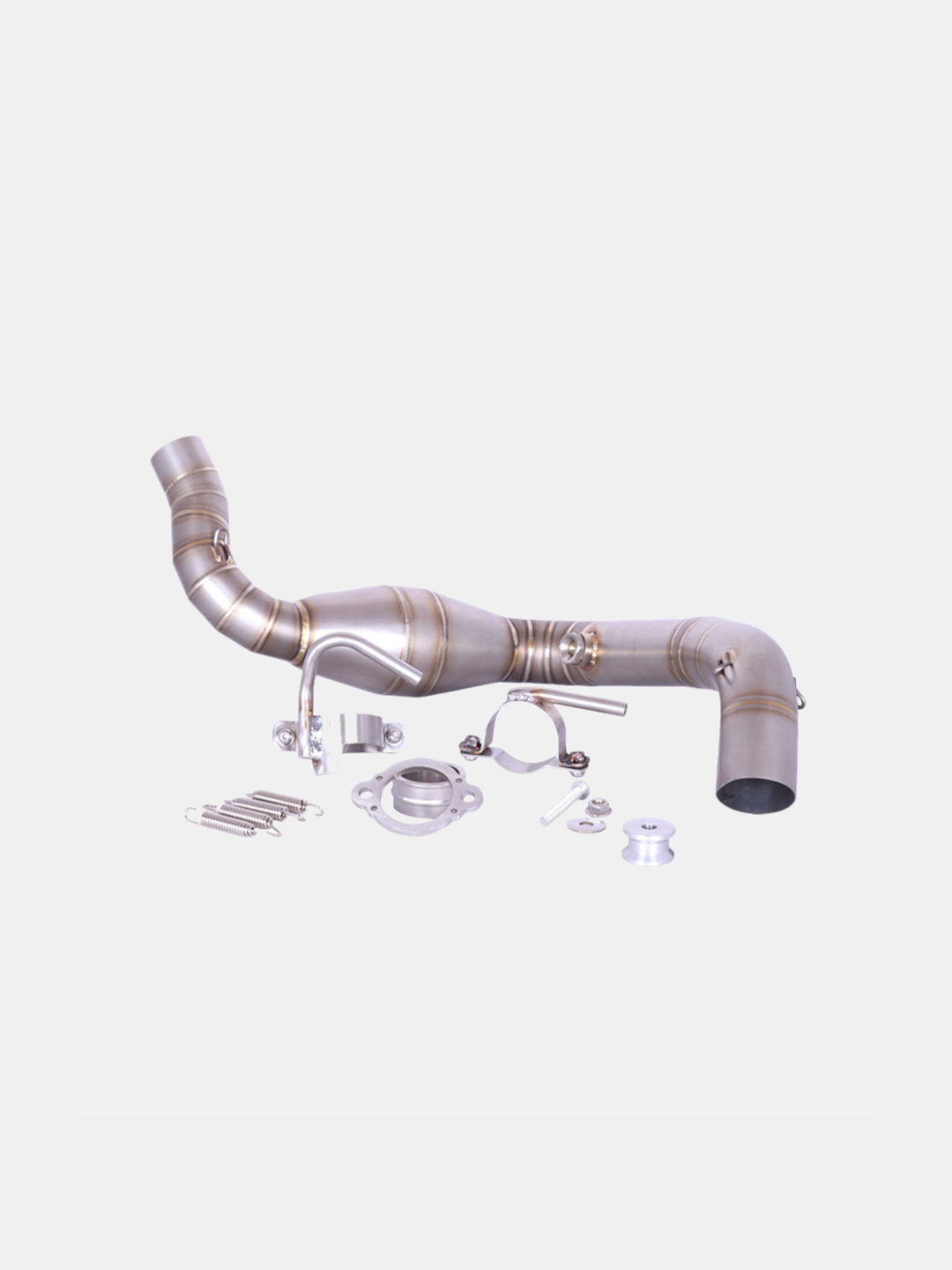Motorcycle exhaust bend pipe with clamps and fitting accessories on white background