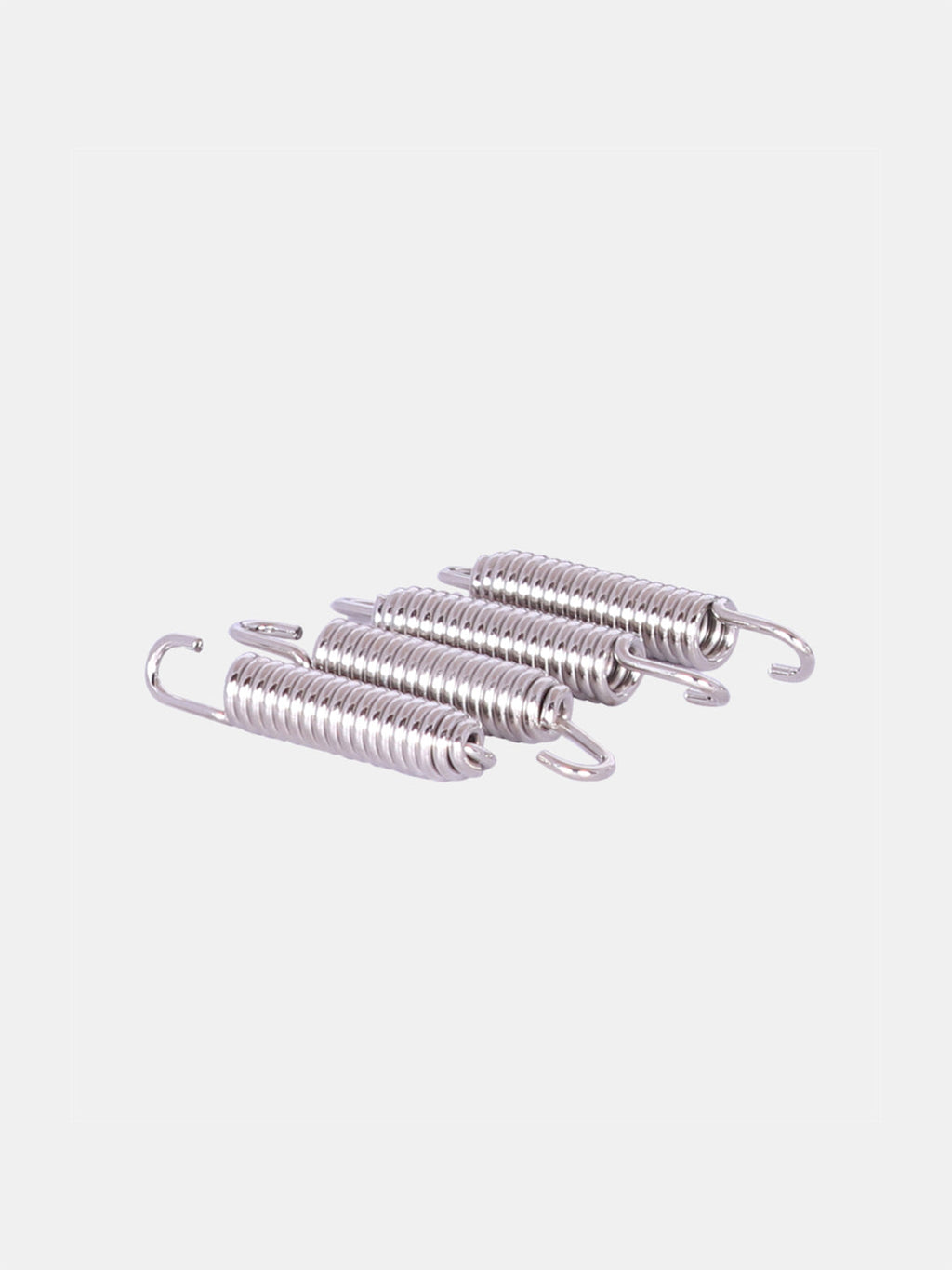 Set of four stainless steel exhaust springs for motorcycle on white background