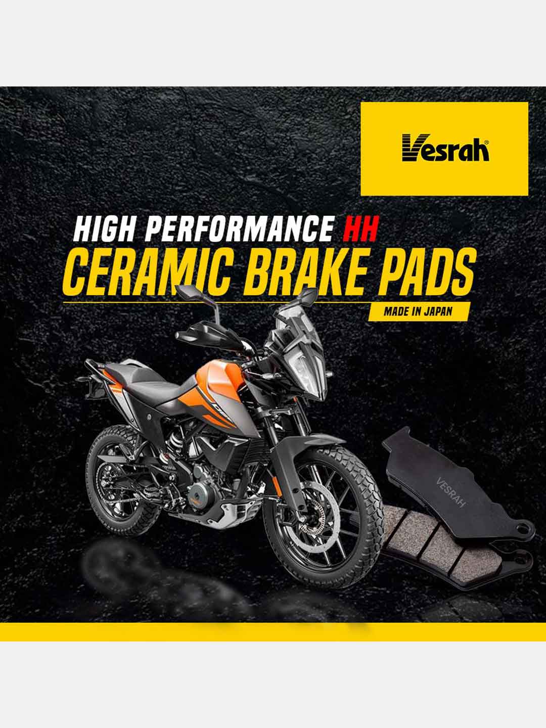 Motorcycle with orange and black design next to Vesrah high performance ceramic brake pads