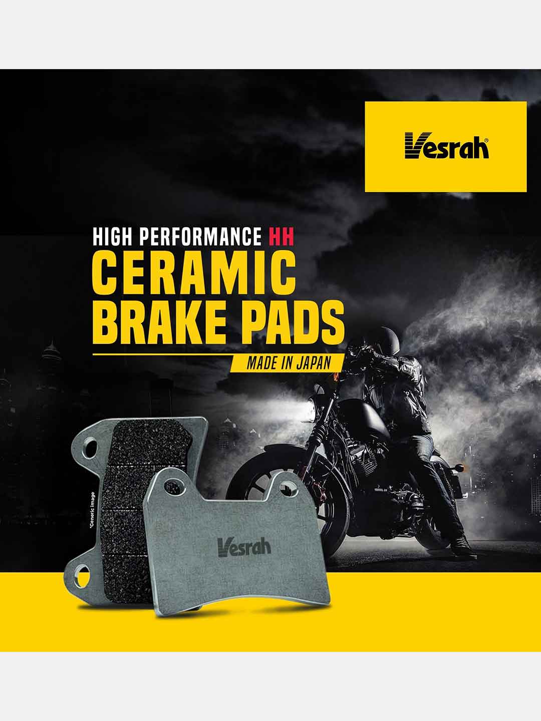 Vesrah high performance ceramic brake pads displayed with motorcycle and dramatic smoke background