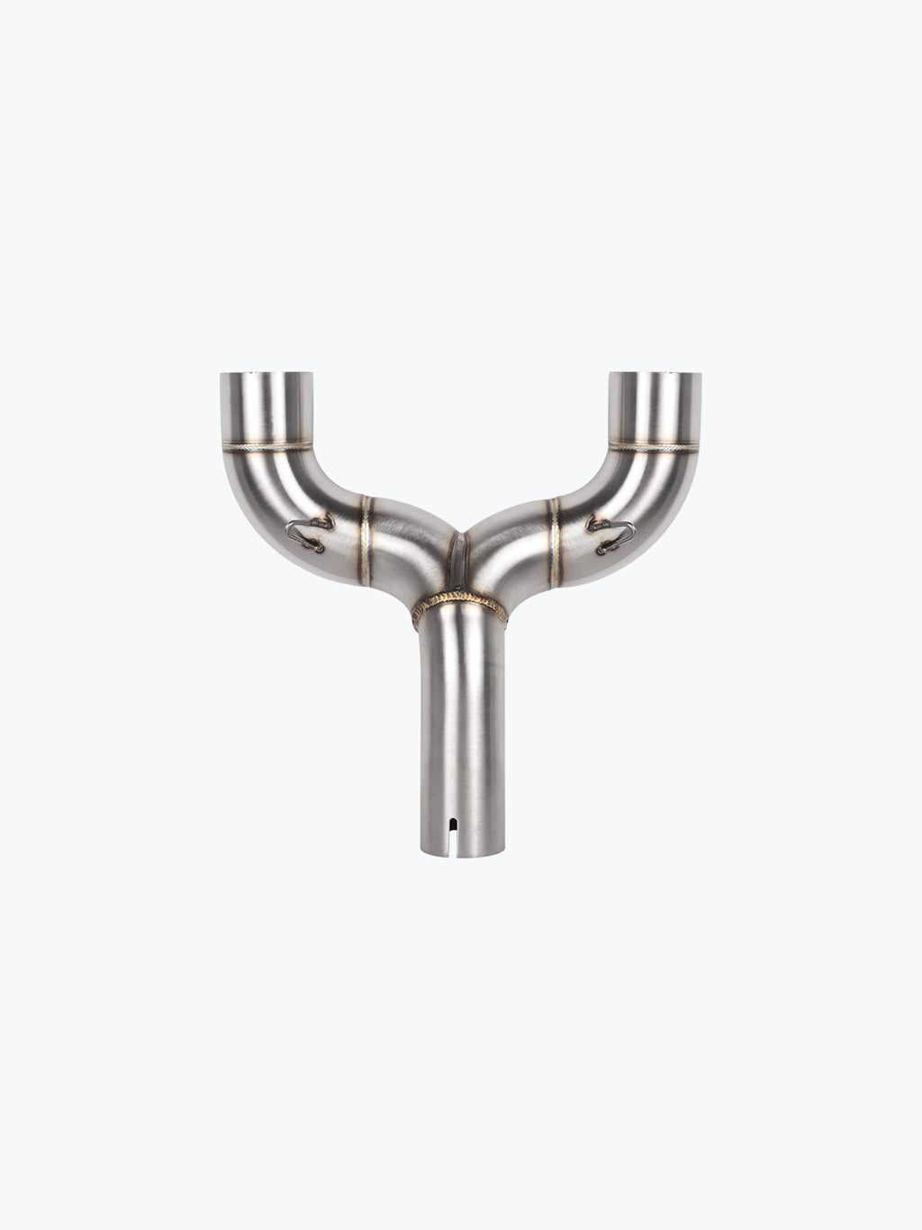 Stainless steel motorcycle exhaust Y-pipe with visible welds on a white background