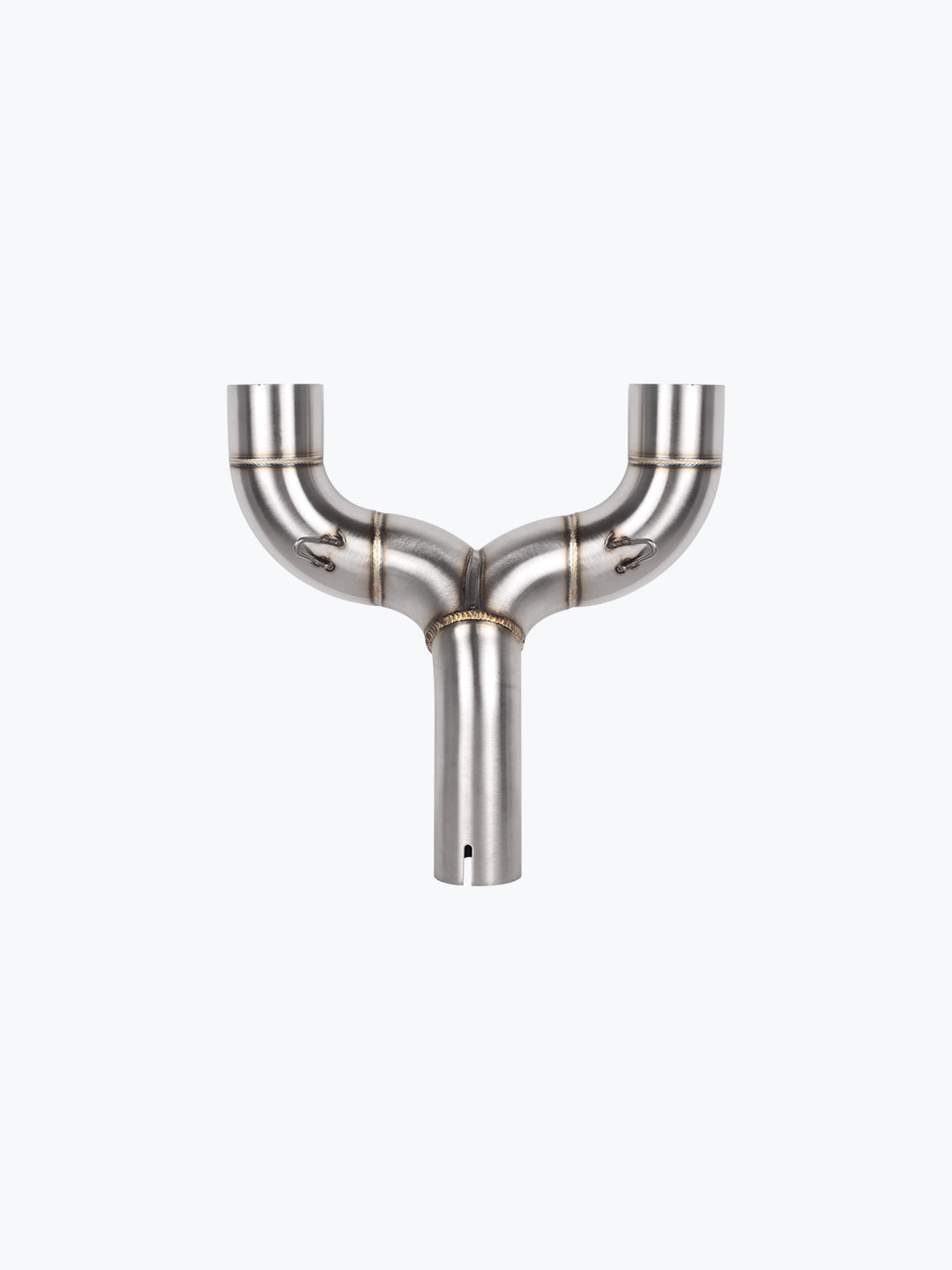 Stainless steel motorcycle exhaust Y-pipe with visible welds on a white background