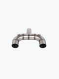 Stainless steel motorcycle exhaust pipe with dual outlets on light background