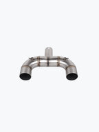 Stainless steel motorcycle exhaust pipe with dual outlets on light background