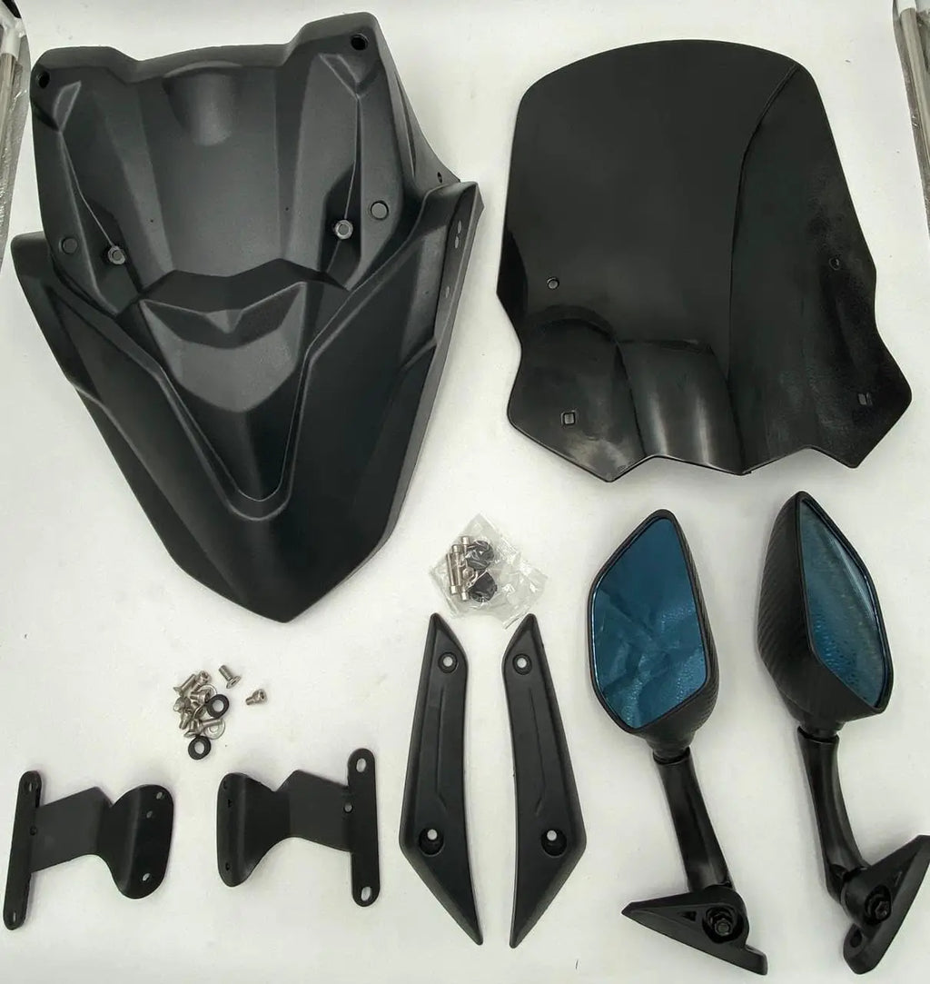Black windshield visor kit with mounting hardware and side mirrors for Suzuki Burgman Street 125