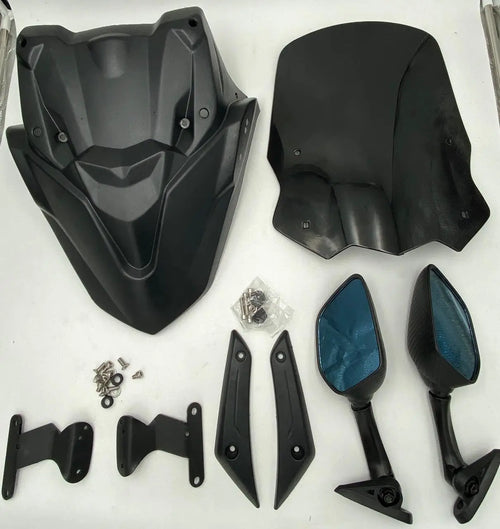 Black windshield visor kit with mounting hardware and side mirrors for Suzuki Burgman Street 125