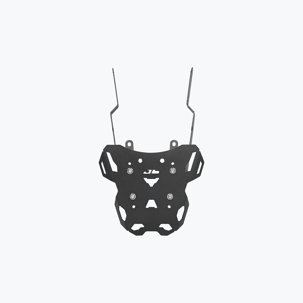 Black metal motorcycle luggage carrier rack with mounting brackets on white background