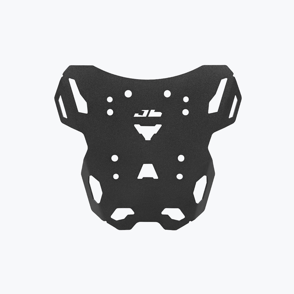 Black motorcycle luggage rack with multiple mounting holes, isolated on white background