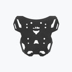 Black motorcycle luggage rack with multiple mounting holes, isolated on white background