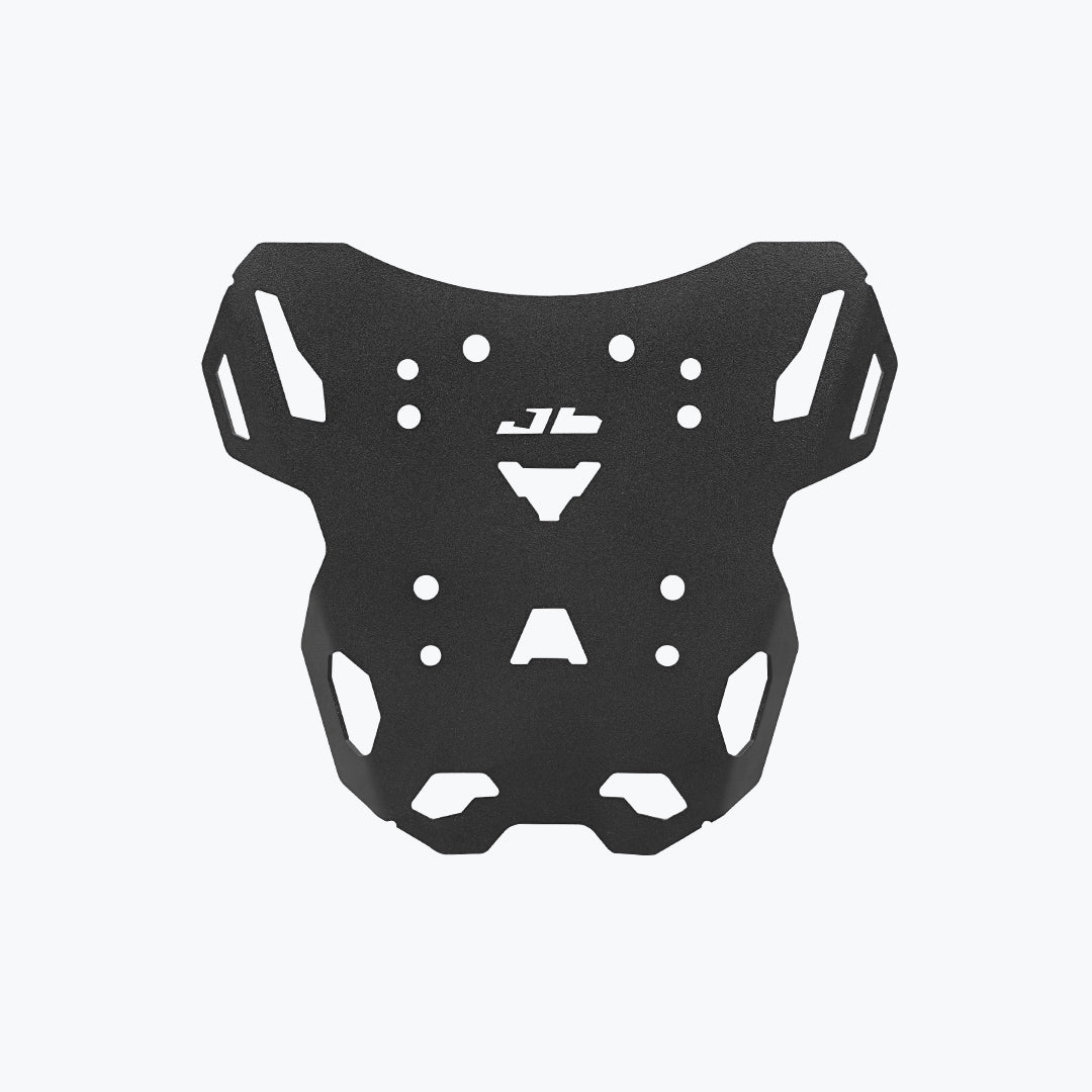 Black motorcycle luggage rack with multiple mounting holes, isolated on white background