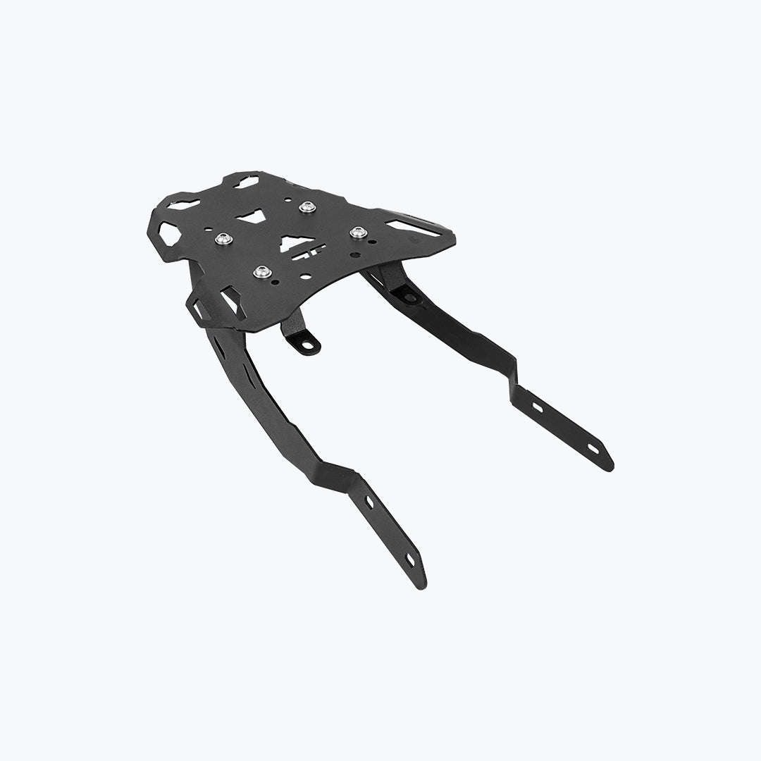 Black metal motorcycle luggage carrier rack with mounting brackets on white background